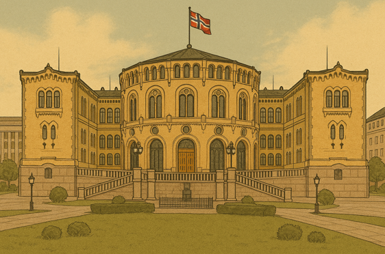 En stor bygning med flagg på toppen