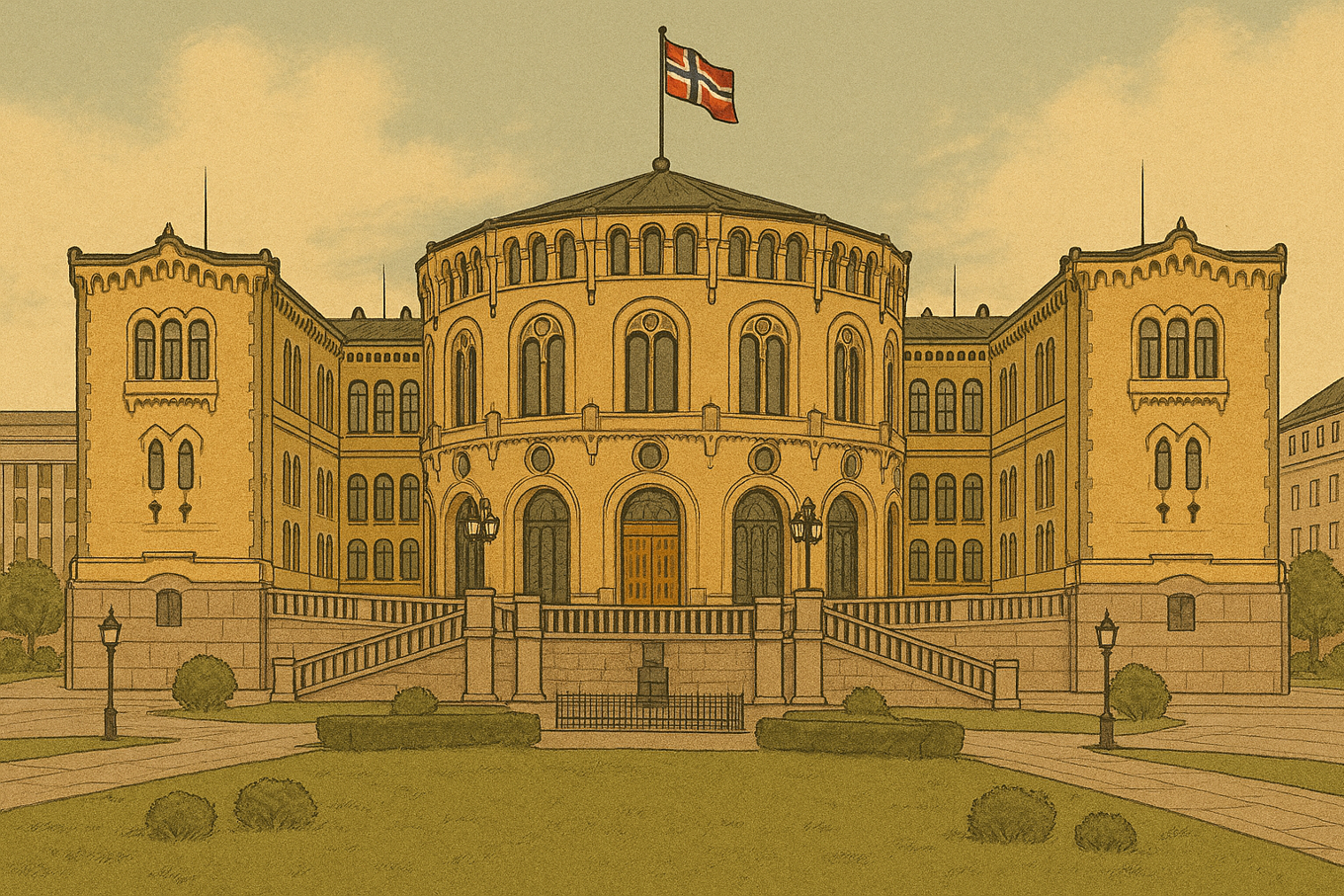 En stor bygning med flagg på toppen