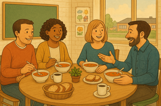 en gruppe mennesker som sitter rundt et bord med mat