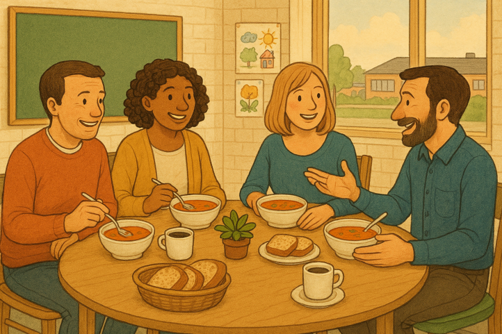 en gruppe mennesker som sitter rundt et bord med mat