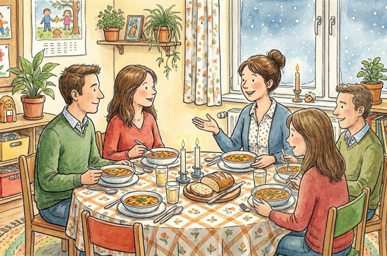 en gruppe mennesker som sitter rundt et bord med mat på