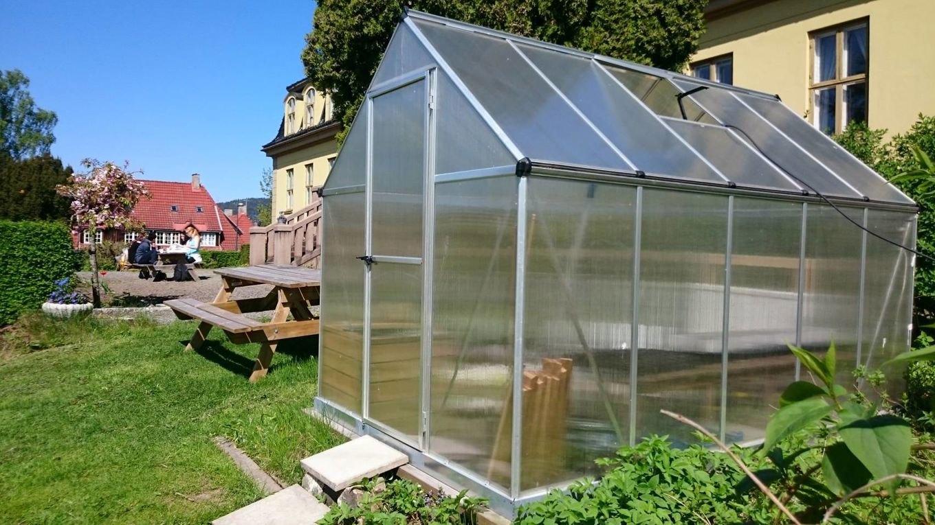 Et bilde av skolens lille drivhus.